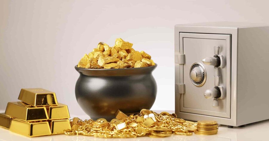 یک گاوصندوق به همراه انواع طلا در کنار آن